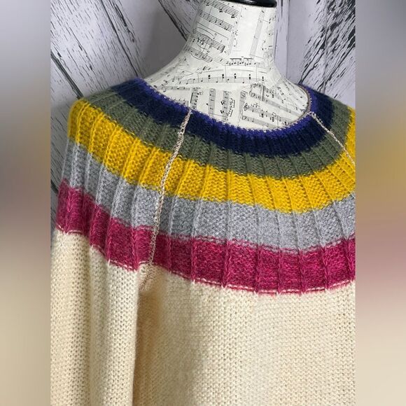 Anthropologie Cream Pullover Sweater Striped Trim Size M - Picture 3 of 8